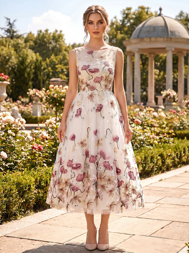 A-Line/Princess Scoop Lace Embroidery Cocktail Dresses Floral Sleeveless Tea-Length Party Dresses