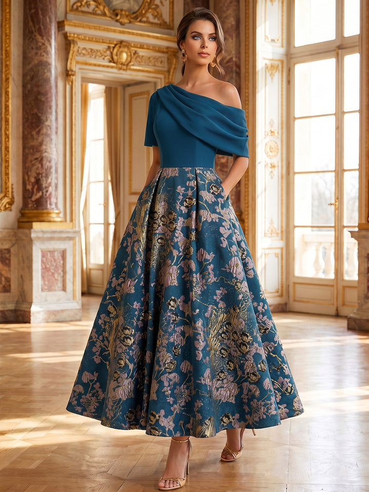 A-Line/Princess One-Shoulder Jacquard Cocktail Dresses Short Sleeves Ankle-Length Floral Party Dresses