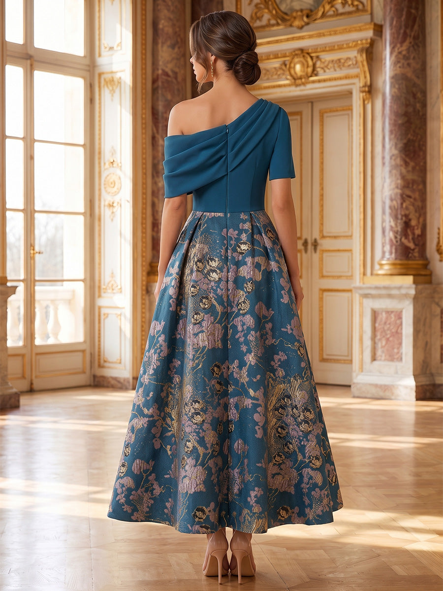 A-Line/Princess One-Shoulder Jacquard Cocktail Dresses Short Sleeves Ankle-Length Floral Party Dresses
