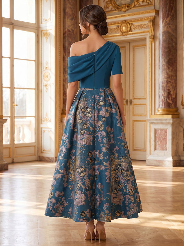 A-Line/Princess One-Shoulder Jacquard Cocktail Dresses Short Sleeves Ankle-Length Floral Party Dresses