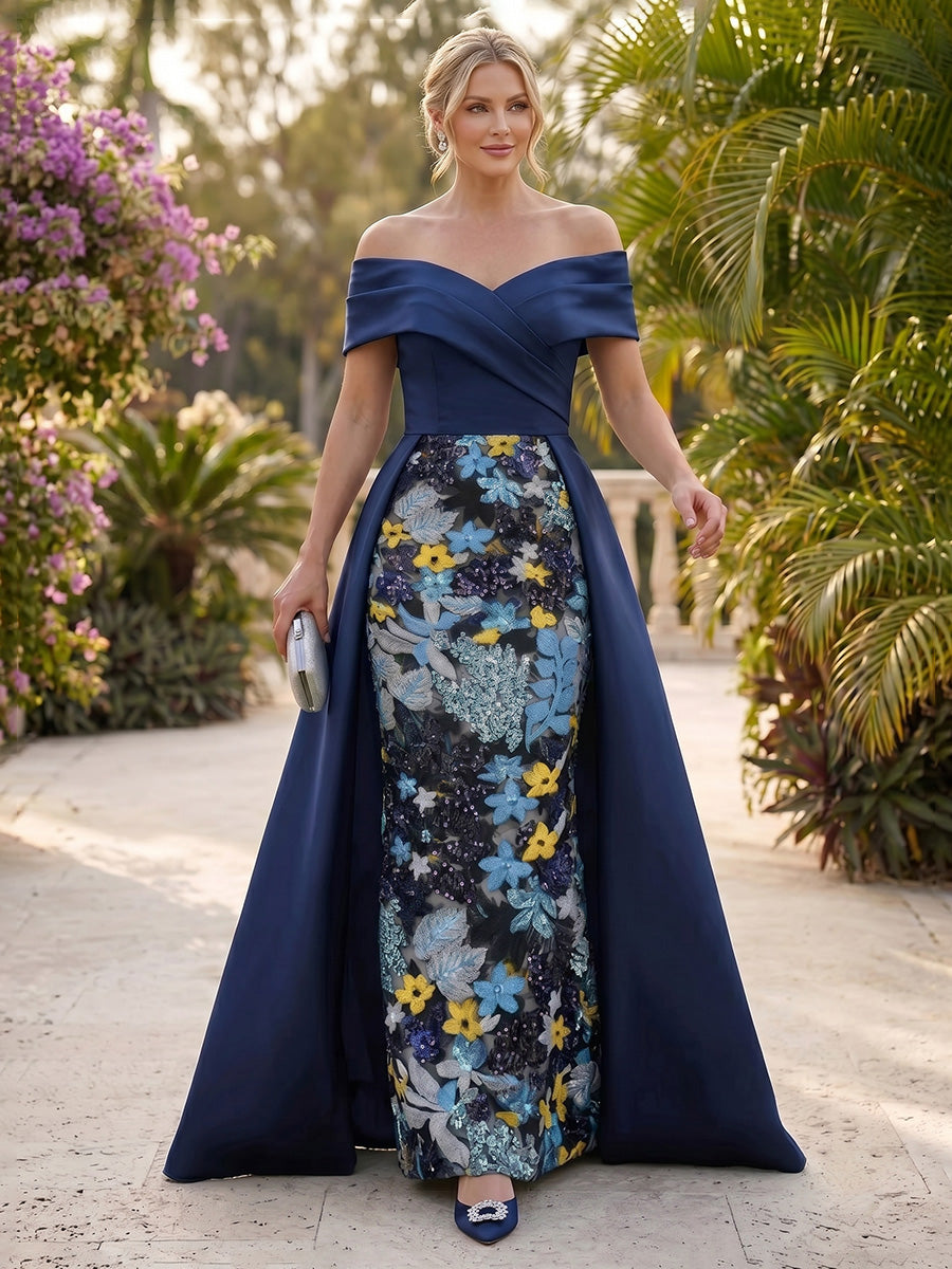 Sheath/Column Off-the-Shoulder Satin Evening Dresses with Overskirt Floor-Length Sequins Sleeveless Formal Dresses