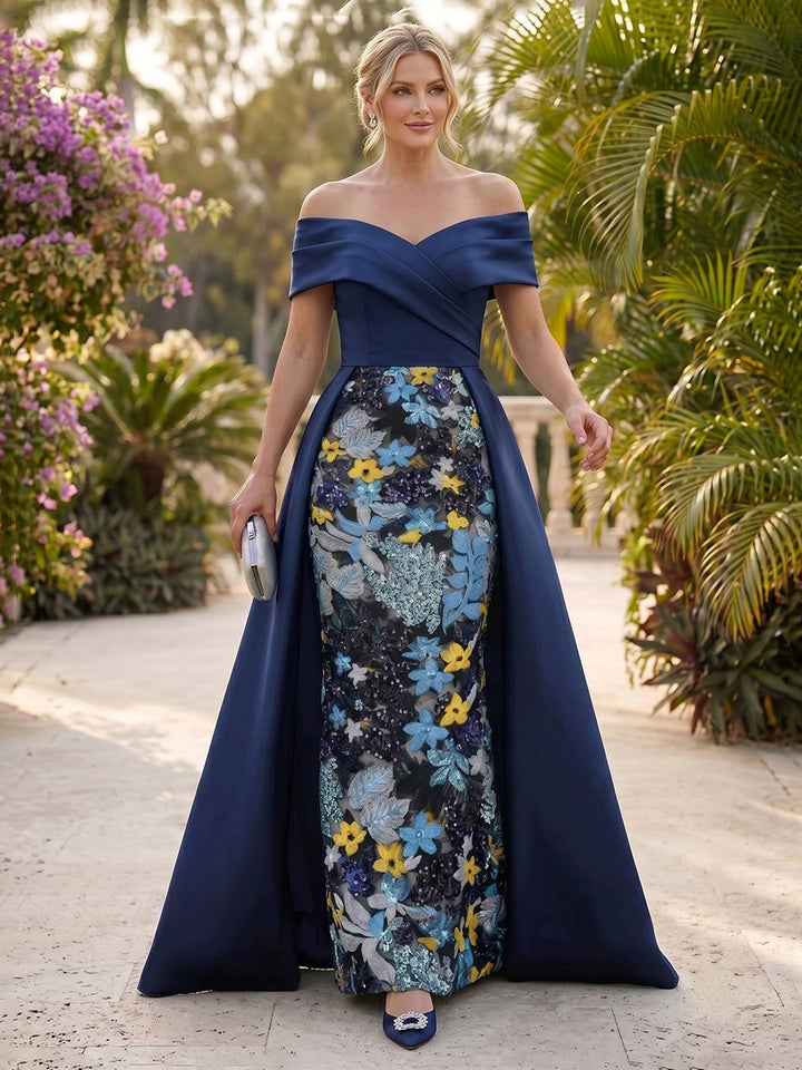 Sheath/Column Off-the-Shoulder Satin Evening Dresses with Overskirt Floor-Length Sequins Sleeveless Formal Dresses