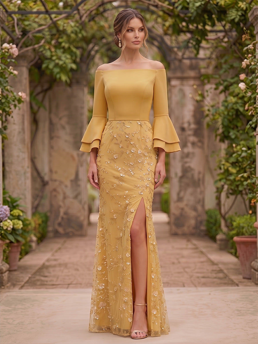 stretch evening dresses Sheath/Column Off-the-Shoulder Satin with Split Side Floor-Length Sequins 3/4 Sleeves Formal Dresses Enfocus Studio second hand Available in Sienna Rose dark champagne dress Order Now:Custom Order (add sizes required in order notes at checkout)