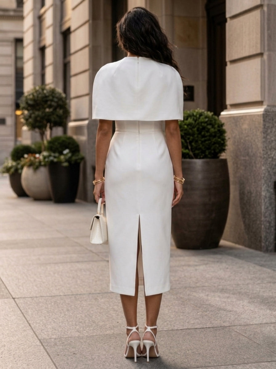 Sheath/Column Mock Neck Stretch Satin Cocktail Dresses Tea-Length Detachable Cape Sleeves Little White Dresses Party Dresses