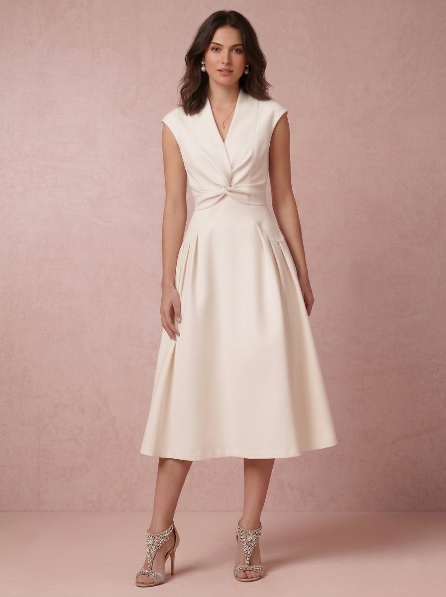 A-Line/Princess V-Neck Satin Cocktail Dresses Tea-Length Cap Sleeves Little White Dresses Ruched Party Dresses
