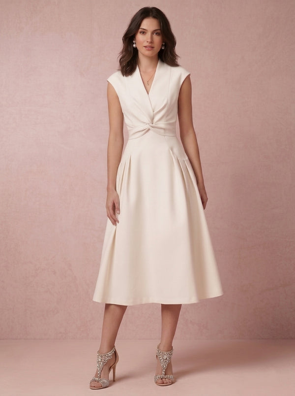 A-Line/Princess V-Neck Satin Cocktail Dresses Tea-Length Cap Sleeves Little White Dresses Ruched Party Dresses