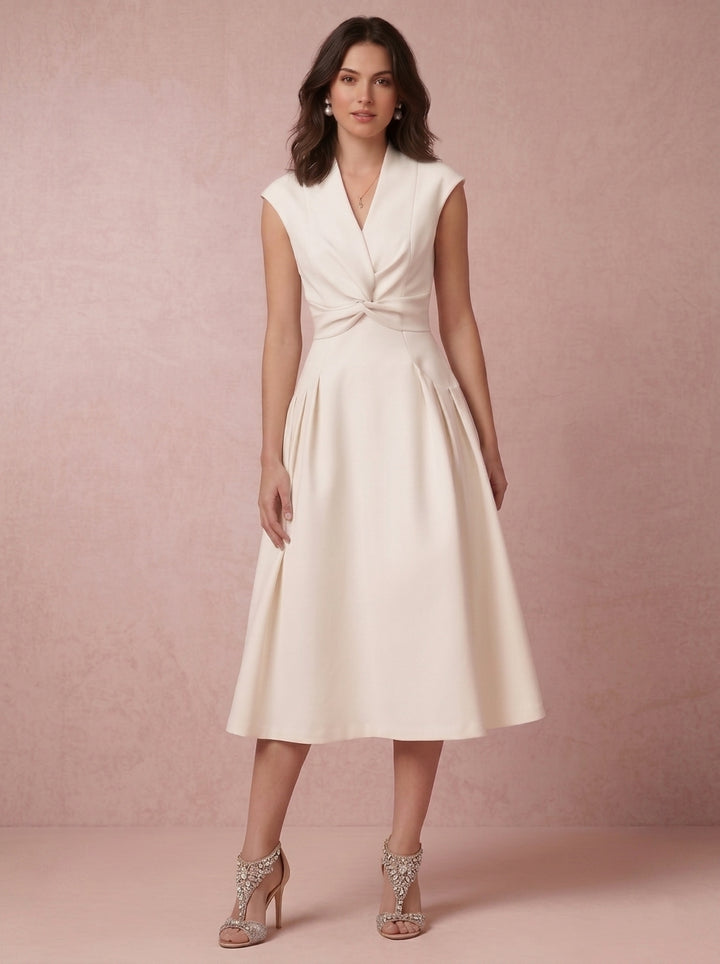 A-Line/Princess V-Neck Satin Cocktail Dresses Tea-Length Cap Sleeves Little White Dresses Ruched Party Dresses