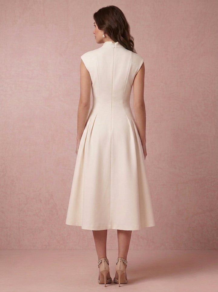 A-Line/Princess V-Neck Satin Cocktail Dresses Tea-Length Cap Sleeves Little White Dresses Ruched Party Dresses