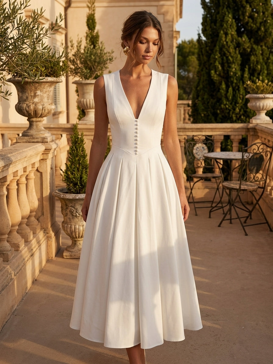 A-Line/Princess V- Neck Stretch Satin Cocktail Dresses Tea-Length Sleeveless Little White Dresses Party Dresses