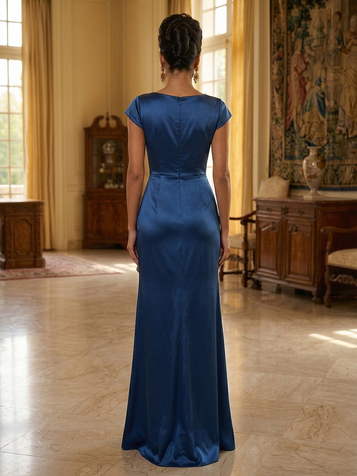 A-Line/Princess V-Neck Silk Satin Formal Dresses Floor-Length Cap Sleeves Ruffles Evening Dresses