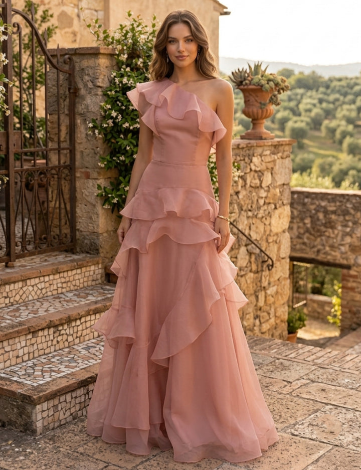 A-Line/Princess One-Shoulder Organza Evening Dresses Floor-Length Sleeveless Ruffles Formal Dresses