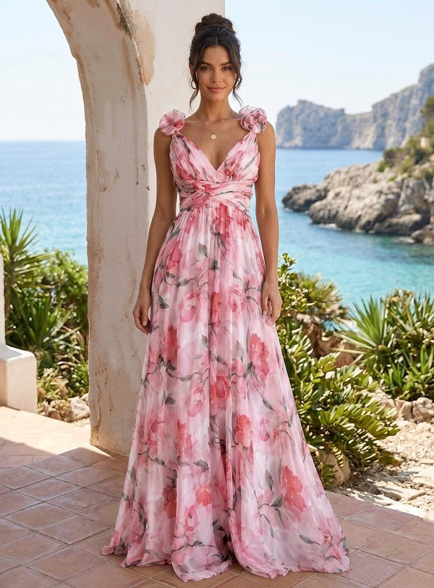 holiday dresses a line A-Line/Princess V-Neck Floral Evening with 3D Flower Floor-Length Sleeveless Formal Dresses Dress Line/Princess Neckline