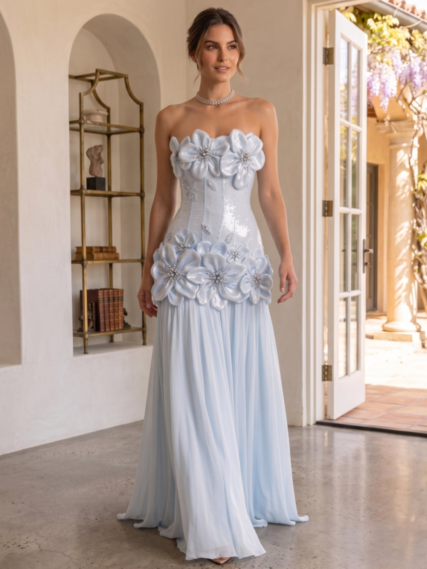 A-Line/Princess Strapless Chiffon Evening Dresses with 3D Flower Floor-Length Sleeveless Formal Dresses