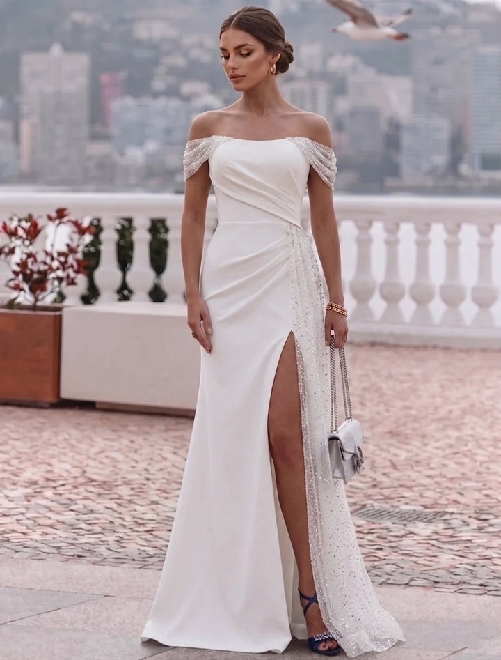 Trumpet/Mermaid Off-the-Shoulder Stretch Satin Evening Dresses with Split Side Floor-Length Sleeveless Formal Dresses
