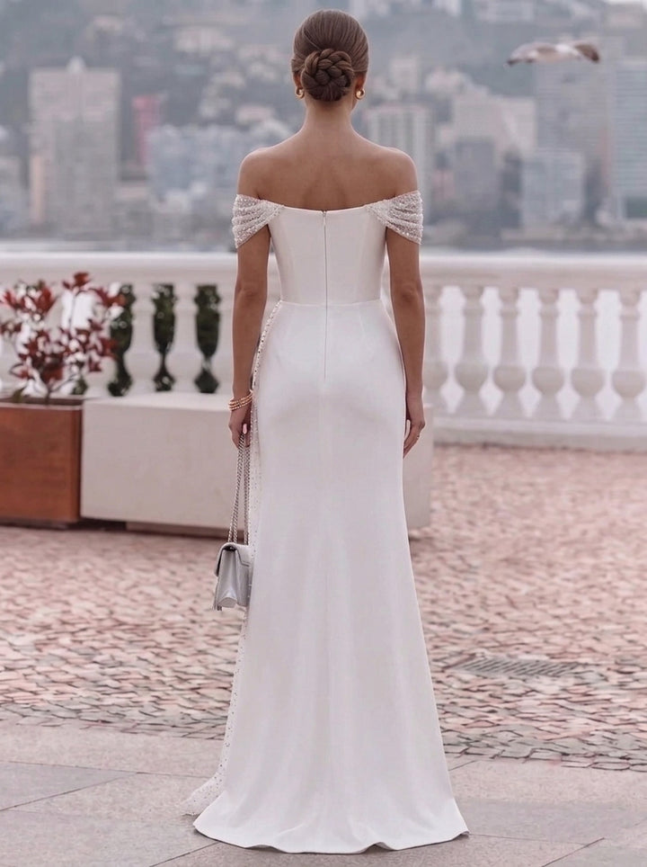 Trumpet/Mermaid Off-the-Shoulder Stretch Satin Evening Dresses with Split Side Floor-Length Sleeveless Formal Dresses