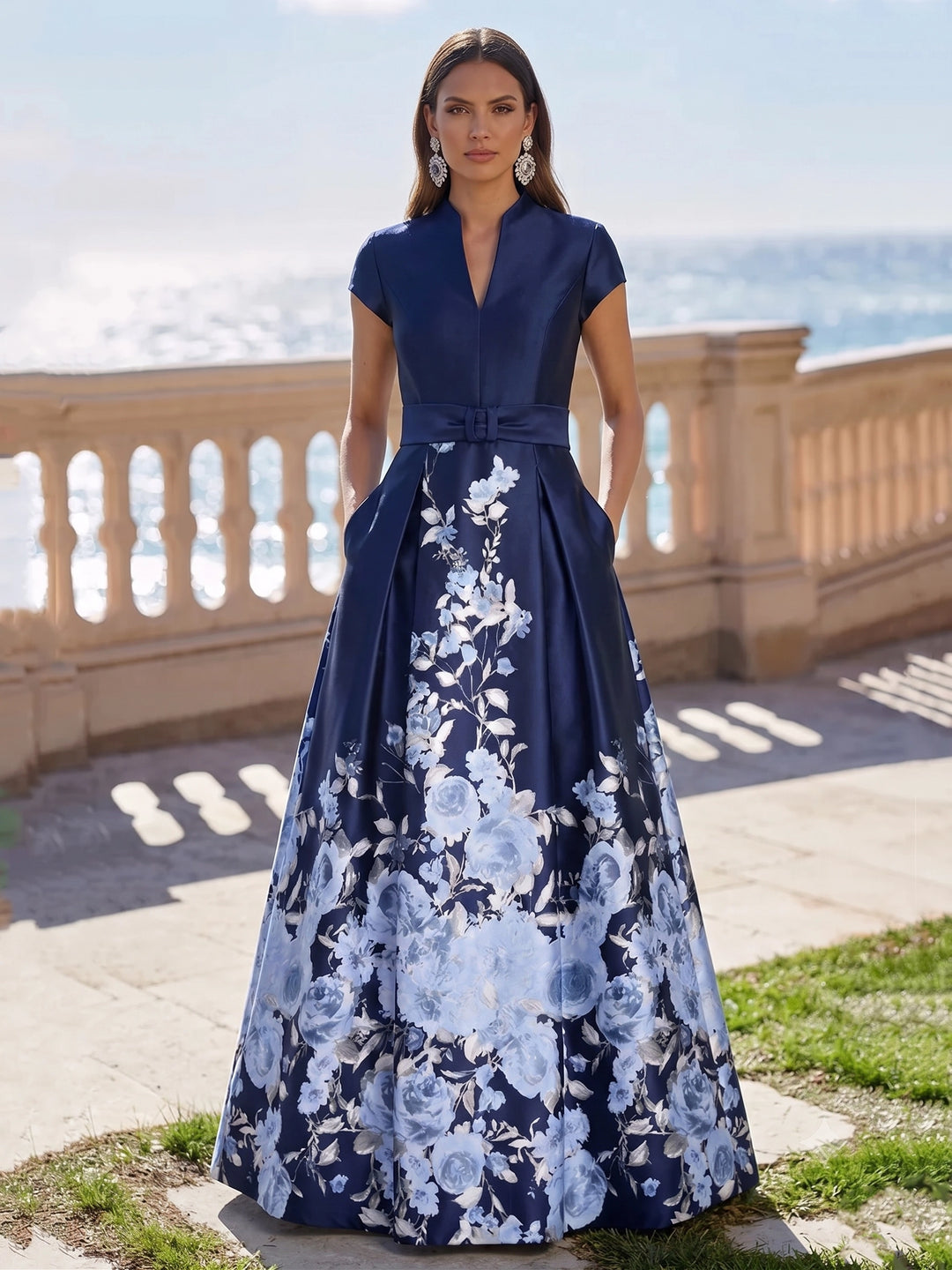 A-Line/Princess V-Neck Satin Evening Dresses Floral Floor-Length Cap Sleeves Formal Dresses
