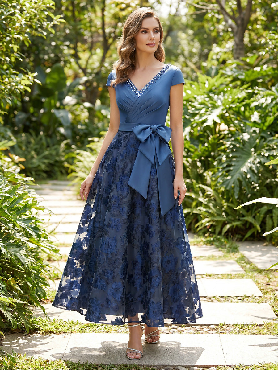 A-Line/Princess V-Neck Lace Cocktail Dresses with Bowknot Ankle-Length Floral Cap Sleeves Party Dresses