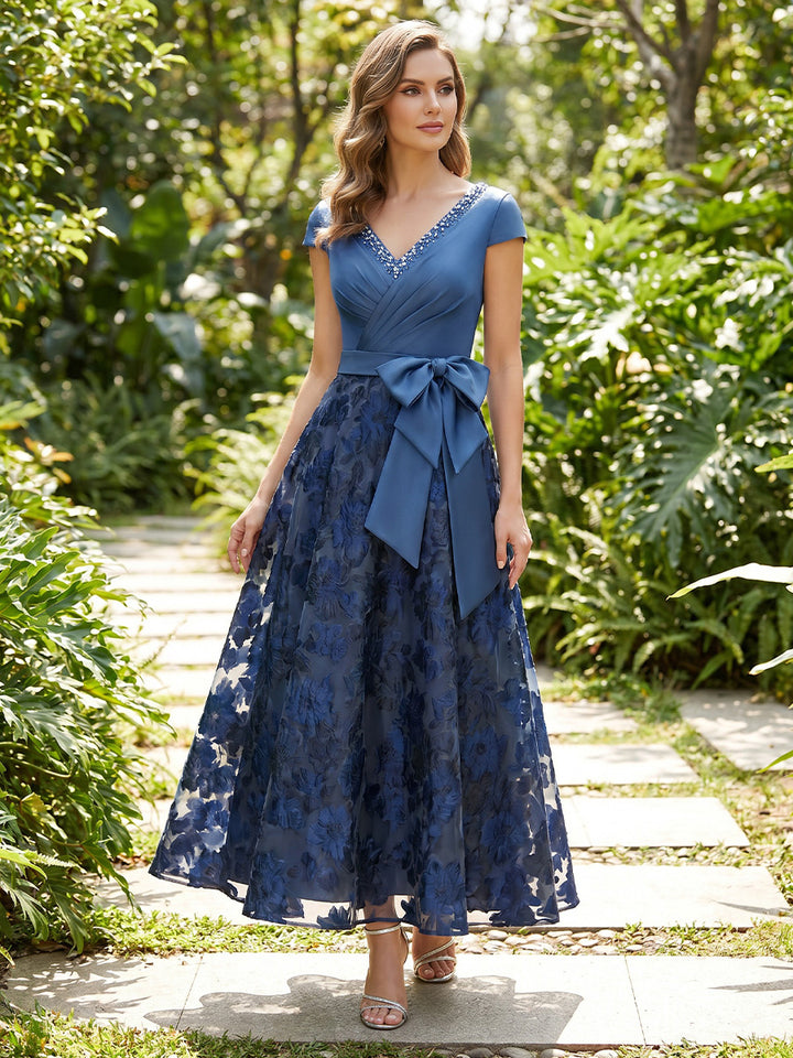 A-Line/Princess V-Neck Lace Cocktail Dresses with Bowknot Ankle-Length Floral Cap Sleeves Party Dresses