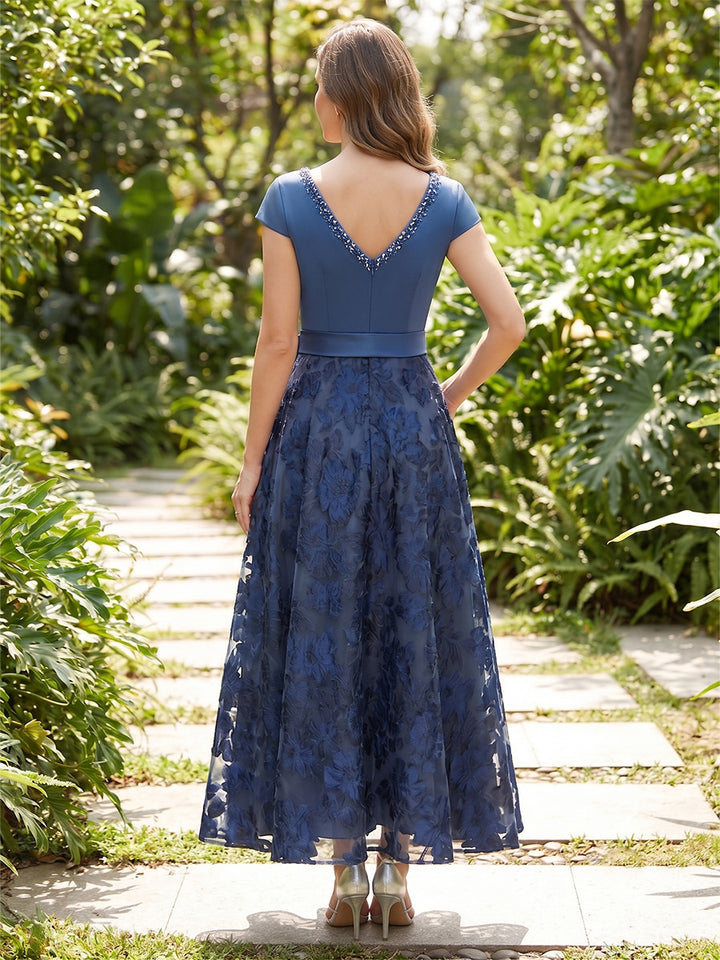 A-Line/Princess V-Neck Lace Cocktail Dresses with Bowknot Ankle-Length Floral Cap Sleeves Party Dresses