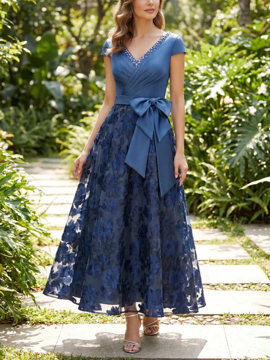 A-Line/Princess V-Neck Lace Cocktail Dresses with Bowknot Ankle-Length Floral Cap Sleeves Party Dresses