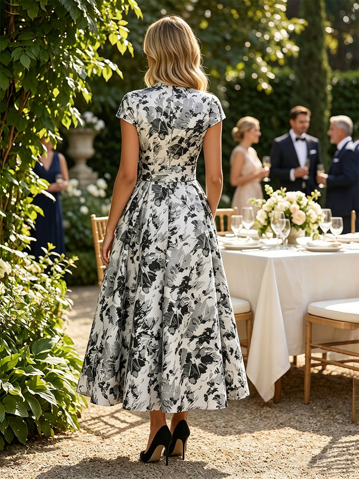A-Line/Princess V-Neck Jacquard Cocktail Dresses with 3D Flower Ankle-Length Floral Cap Sleeves Party Dresses