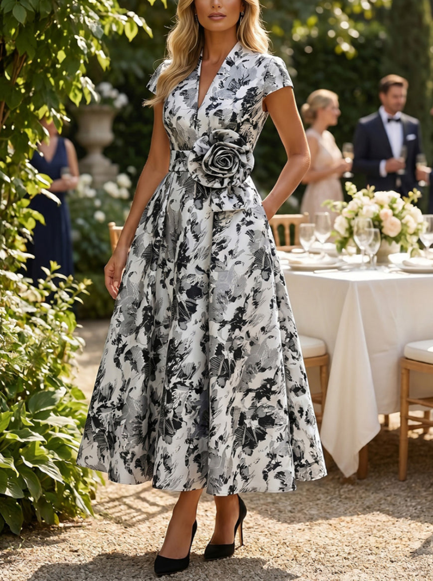 A-Line/Princess V-Neck Jacquard Cocktail Dresses with 3D Flower Ankle-Length Floral Cap Sleeves Party Dresses
