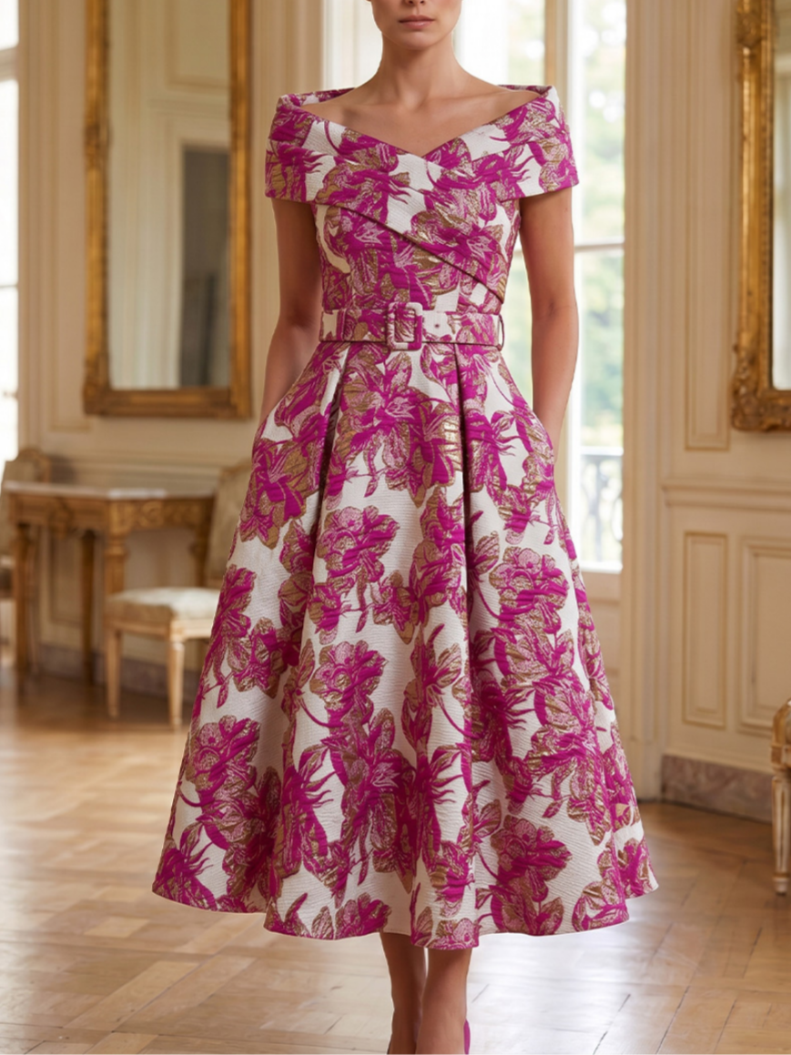 A-Line/Princess Off-the-Shoulder Jacquard Cocktail Dresses Floral Sleeveless Tea-Length Belt Party Dresses
