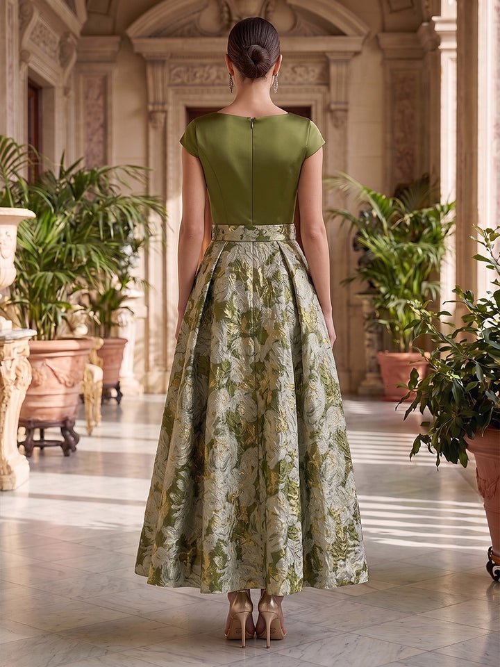 A-Line/Princess Scoop Satin Cocktail Dresses Floral Short Sleeves Ankle-Length Party Dresses with Belt