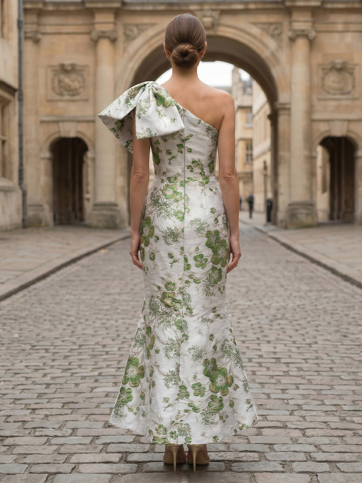 Sheath/Column One-Shoulder Jacquard Cocktail Dresses Floral Sleeveless Ankle-Length Party Dresses with Bowknot