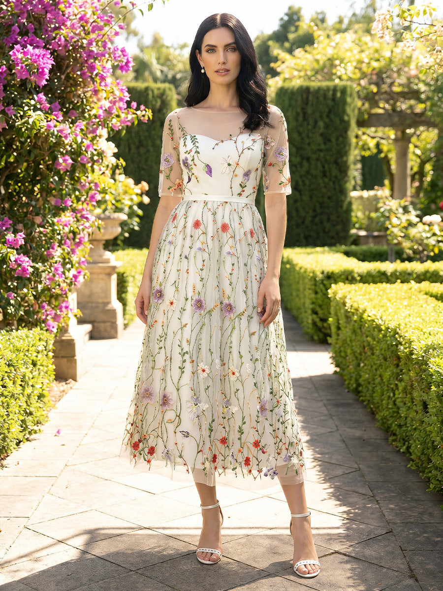 spring cocktail dresses with sleeves A-Line/Princess Scoop Floral Lace Short Tea-Length Party Dresses size_xxxl/18_checked length dress fashions a Beach Wedding Dress Code Color:Sandy Tan