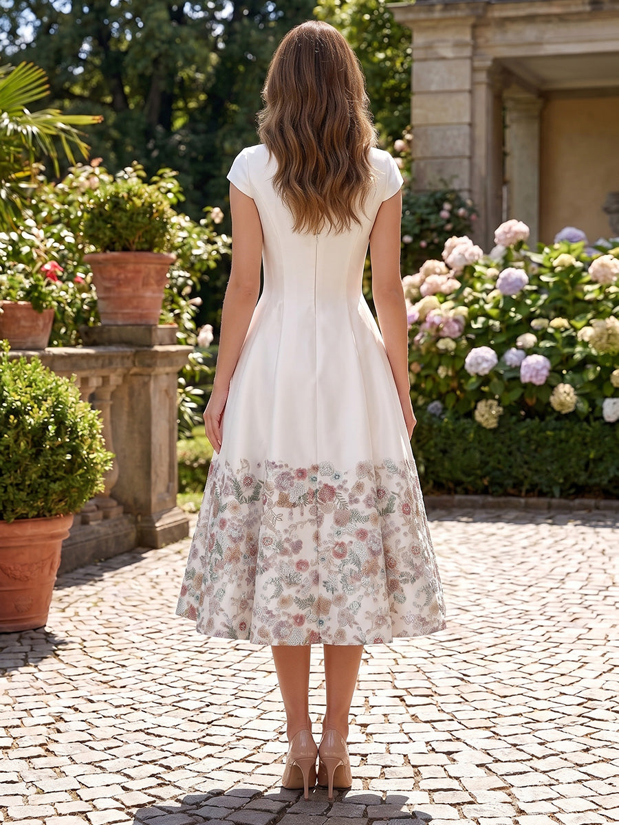 A-Line/Princess Scoop Floral Satin Cocktail Dresses Short Sleeves Tea-Length Party Dresses