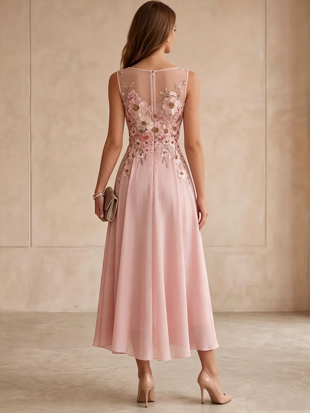 A-Line/Princess Scoop Floral Embroidery Cocktail Dresses Sleeveless Tea-Length Party Dresses