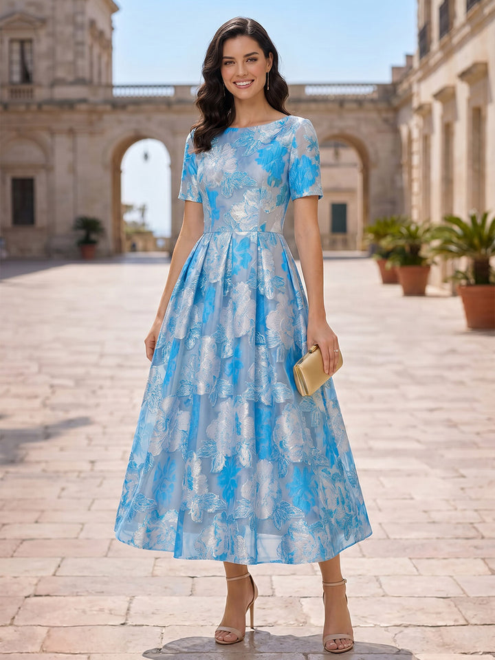 A-Line/Princess Scoop Floral Jacquard Cocktail Dresses Short Sleeves Tea-Length Party Dresses