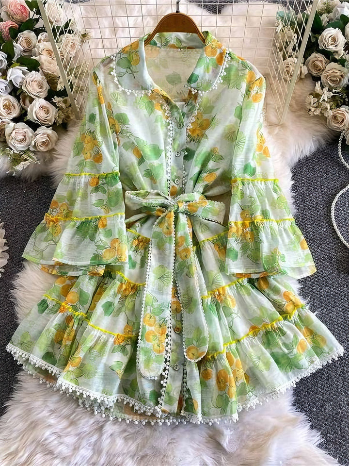 A-Line/Princess Shirt Collar Floral Wedding Guest Dresses Short/Mini Long Sleeves with Belt