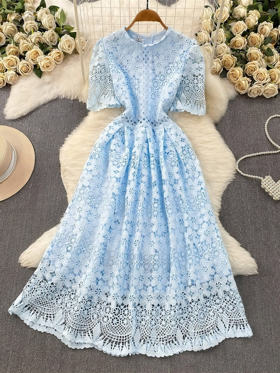 A-Line/Princess Scoop Floral Lace Wedding Guest Dresses Tea-Length Short Sleeves