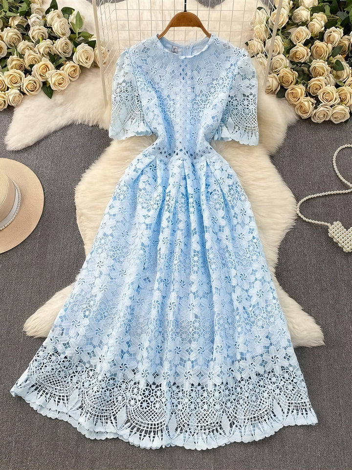 A-Line/Princess Scoop Floral Lace Wedding Guest Dresses Tea-Length Short Sleeves