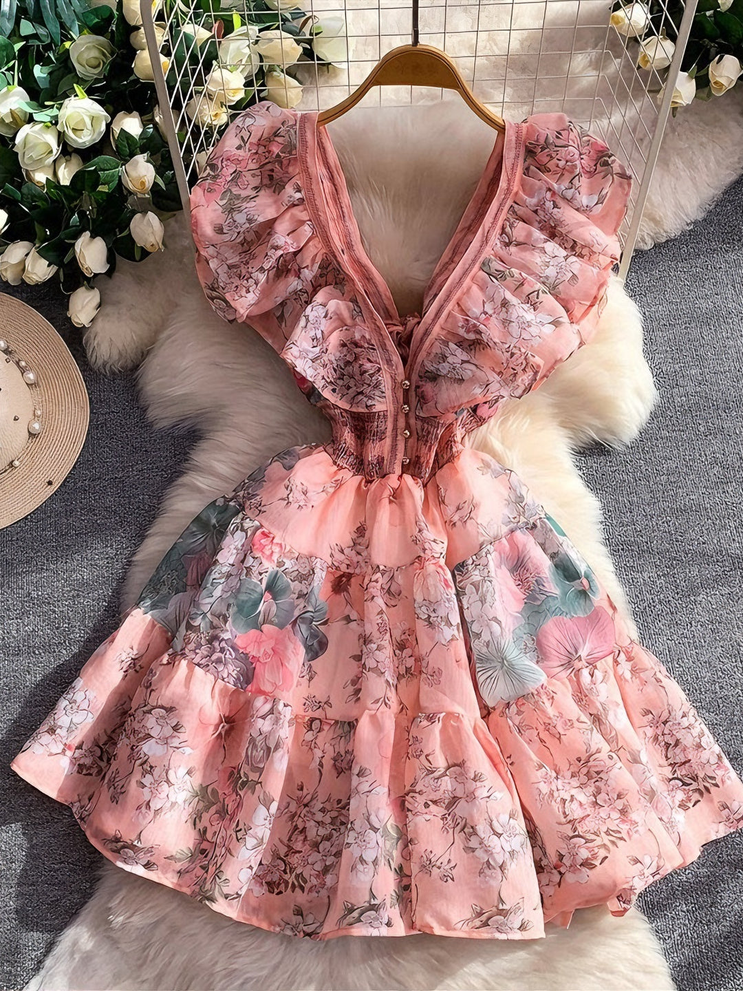 A-Line/Princess V-Neck Floral Wedding Guest Dresses Short/Mini Sleeveless Ruffles