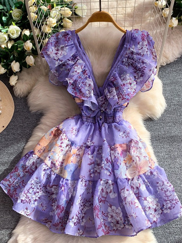 A-Line/Princess V-Neck Floral Wedding Guest Dresses Short/Mini Sleeveless Ruffles