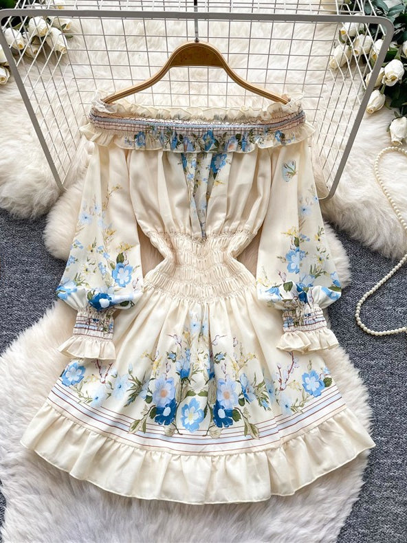 A-Line/Princess  Floral Off-the-Shoulder Wedding Guest Dresses Knee-Length Long Sleeves