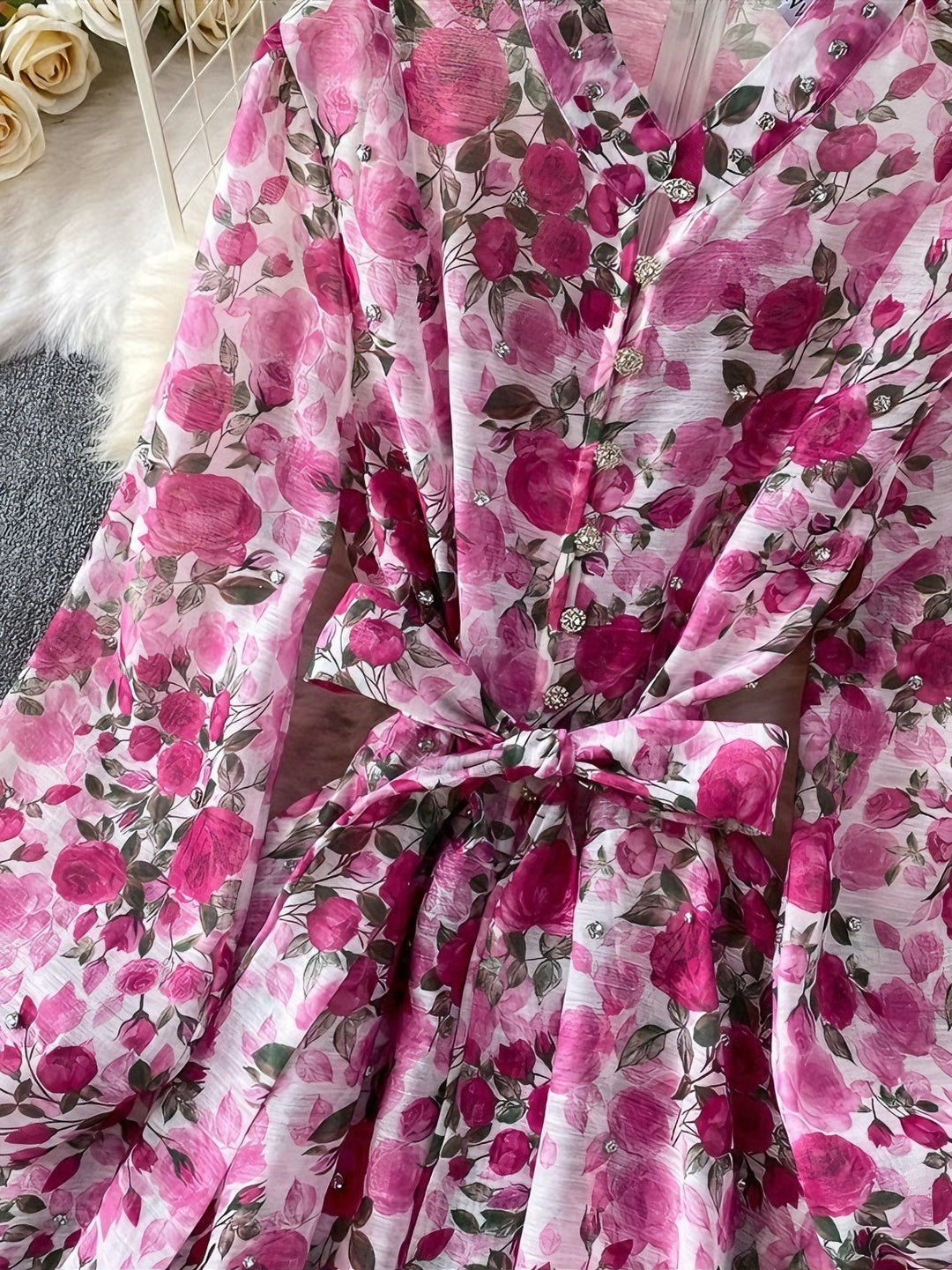A-Line/Princess Mock Neck Floral Wedding Guest Dresses Tea-Length Long Sleeves Rhinestones