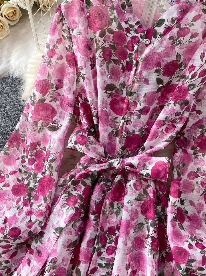 A-Line/Princess Mock Neck Floral Wedding Guest Dresses Tea-Length Long Sleeves Rhinestones