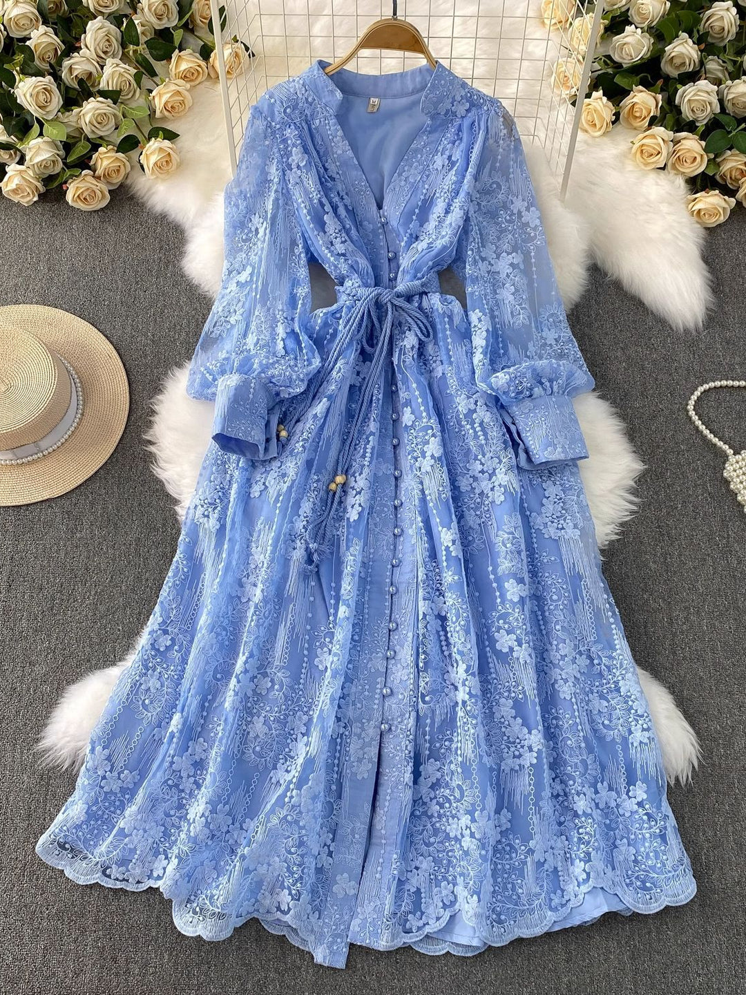 A-Line/Princess Mock Neck Floral Lace Wedding Guest Dresses Tea-Length Long Sleeves with Belt