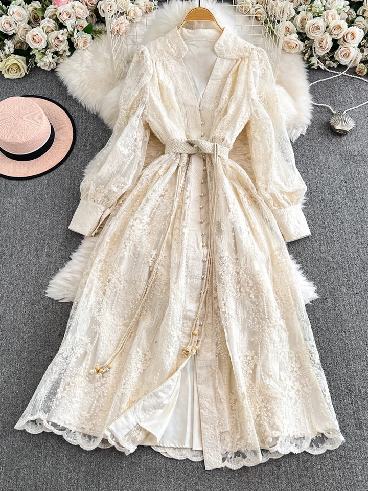 A-Line/Princess Mock Neck Floral Lace Wedding Guest Dresses Tea-Length Long Sleeves with Belt