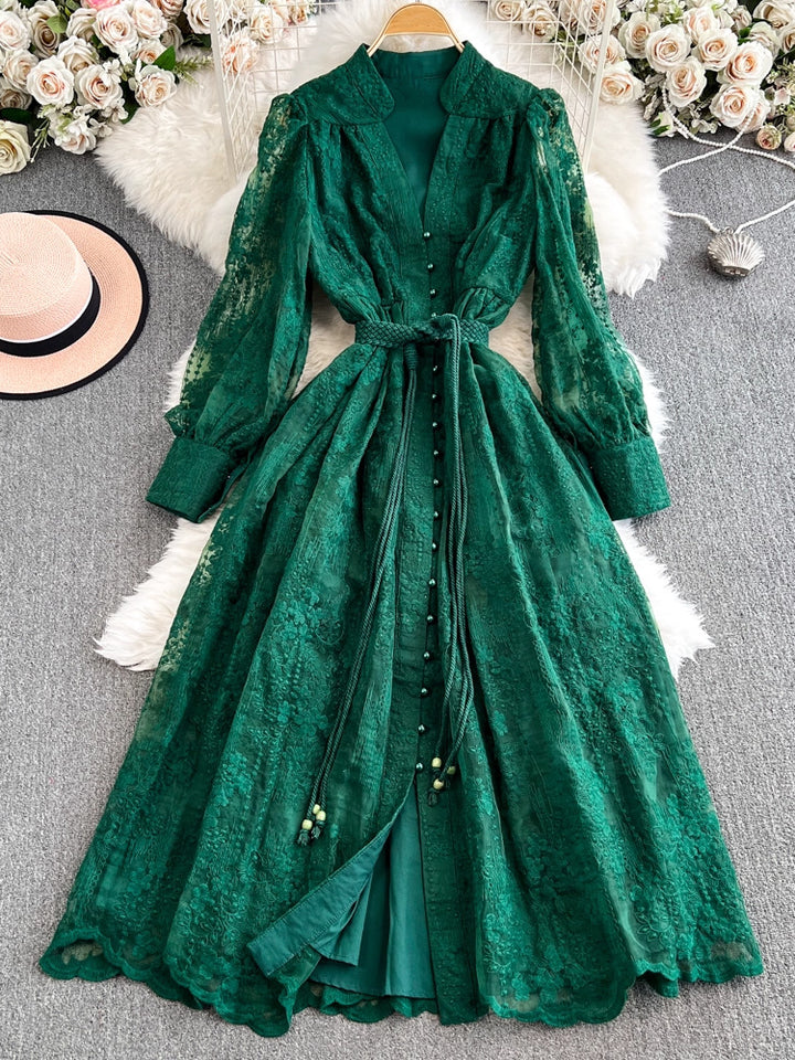 A-Line/Princess Mock Neck Floral Lace Wedding Guest Dresses Tea-Length Long Sleeves with Belt