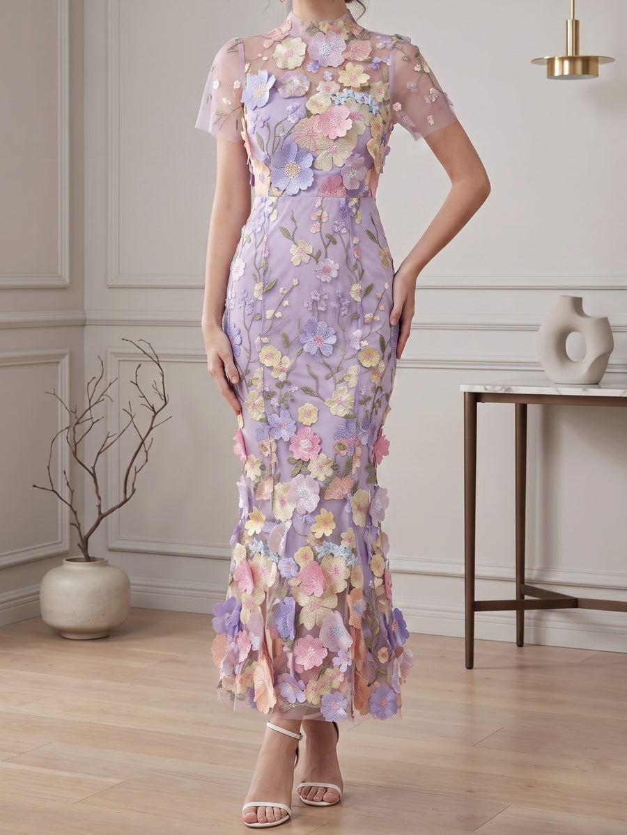 Sheath/Column Mock Neck Floral Lace Wedding Guest Dresses Ankle-Length Short Sleeves, Purple / S