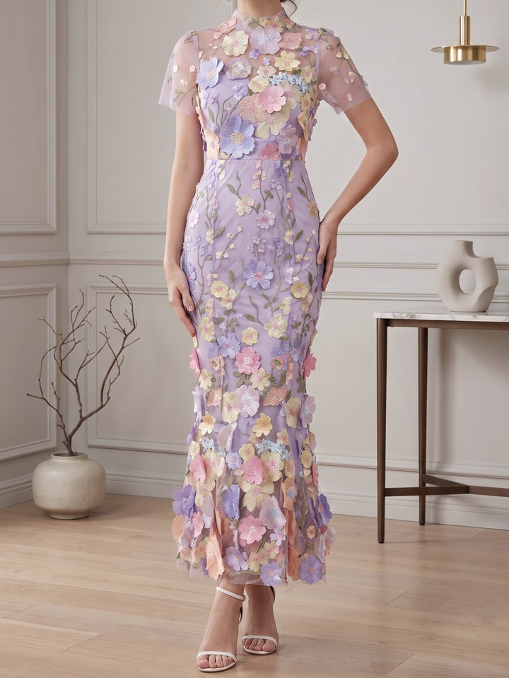 Sheath/Column Mock Neck Floral Lace Wedding Guest Dresses Ankle-Length Short Sleeves
