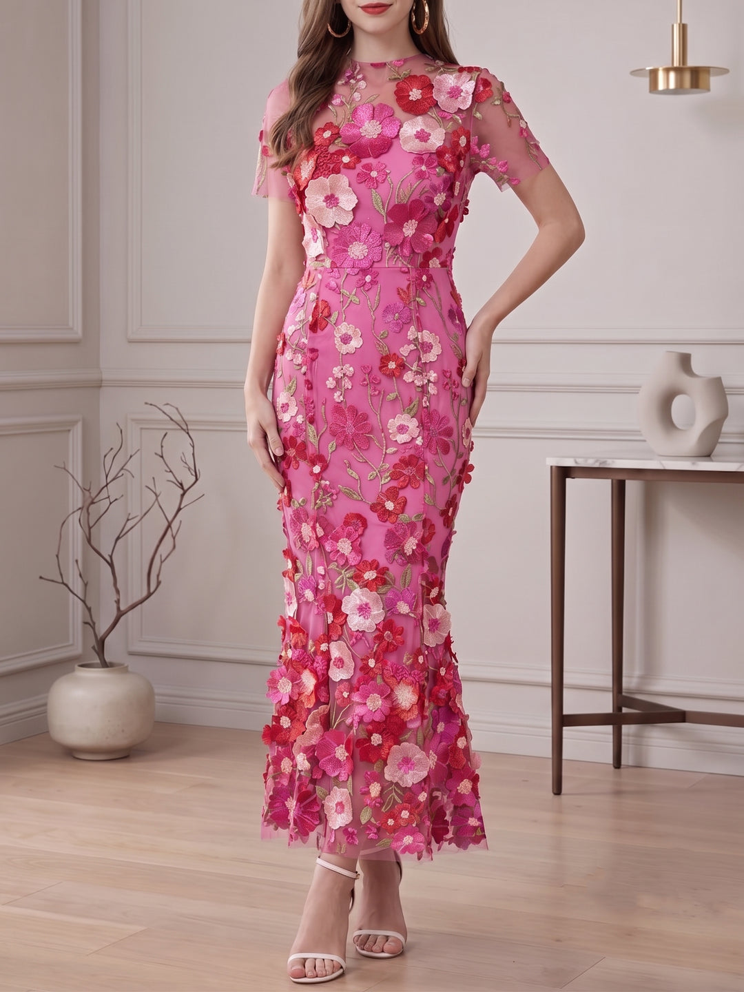 Sheath/Column Mock Neck Floral Lace Wedding Guest Dresses Ankle-Length