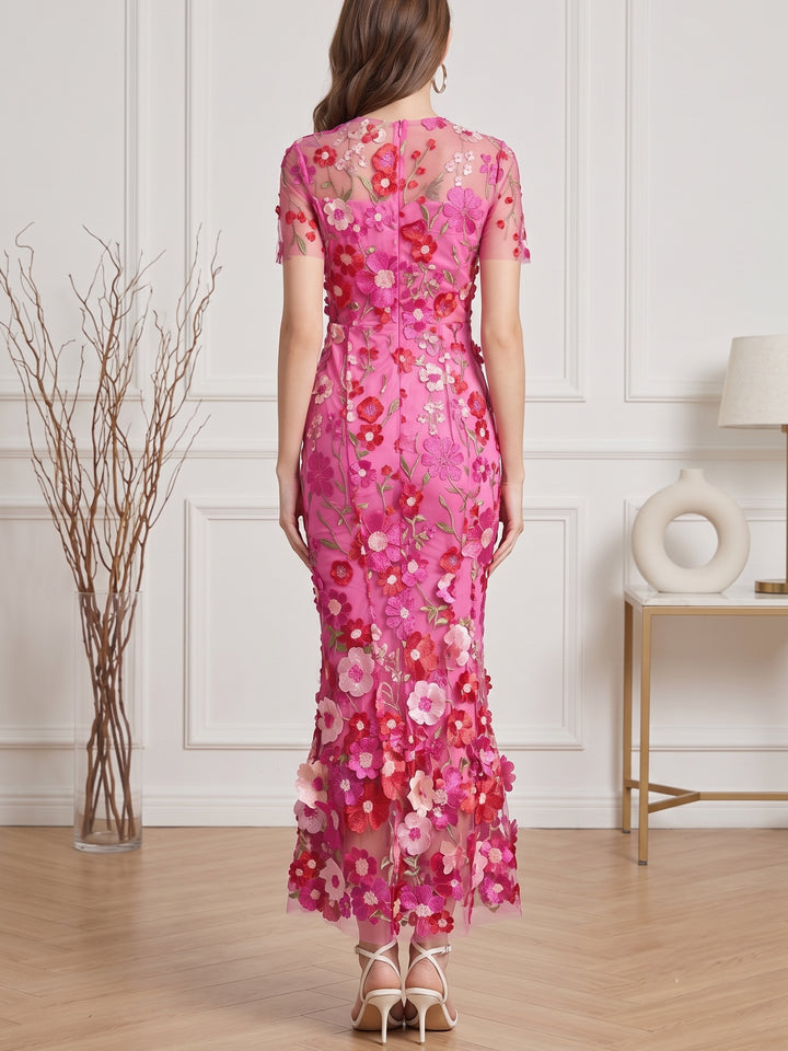 Sheath/Column Mock Neck Floral Lace Wedding Guest Dresses Ankle-Length Short Sleeves