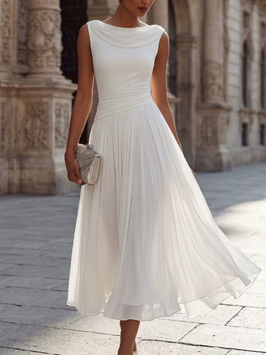 A-Line/Princess Boat Neck Chiffon Cocktail Dresses Sleeveless Tea-Length Pleated Little White Dresses Ruched Party Dresses