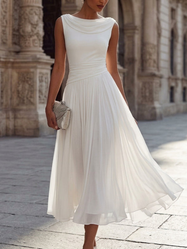 A-Line/Princess Boat Neck Chiffon Cocktail Dresses Sleeveless Tea-Length Pleated Little White Dresses Ruched Party Dresses